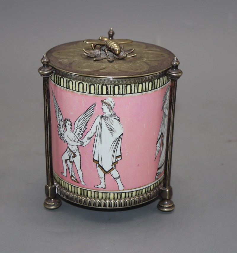 A Staffordshire pottery preserve pot, raised in a plated stand, the lid with a bee finial, height 13cm